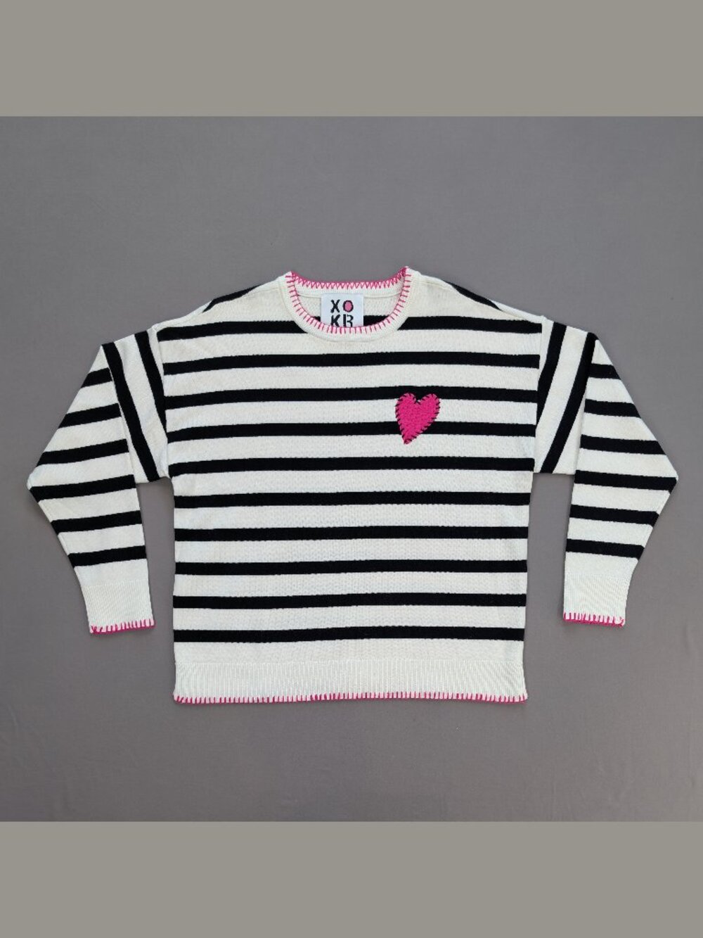 NWT XO KR Kerri Rosenthal Striped Heart Sweater Pink Trim Medium
